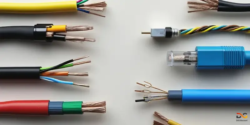 مجموعه‌ای از کابل‌های USB، HDMI و شبکه روی میز کامپیوتر در دیجی بازاری