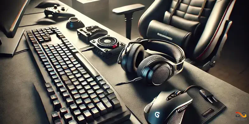 میز گیمیری که روی اون موس و کیبورد و دسته بازی پنل استریم دیده میشه.